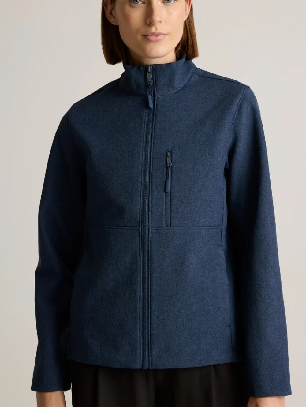 Quince Softshell Fleece Lined Full-Zip Jacket Heather Deep Navy Mock Neck Fall